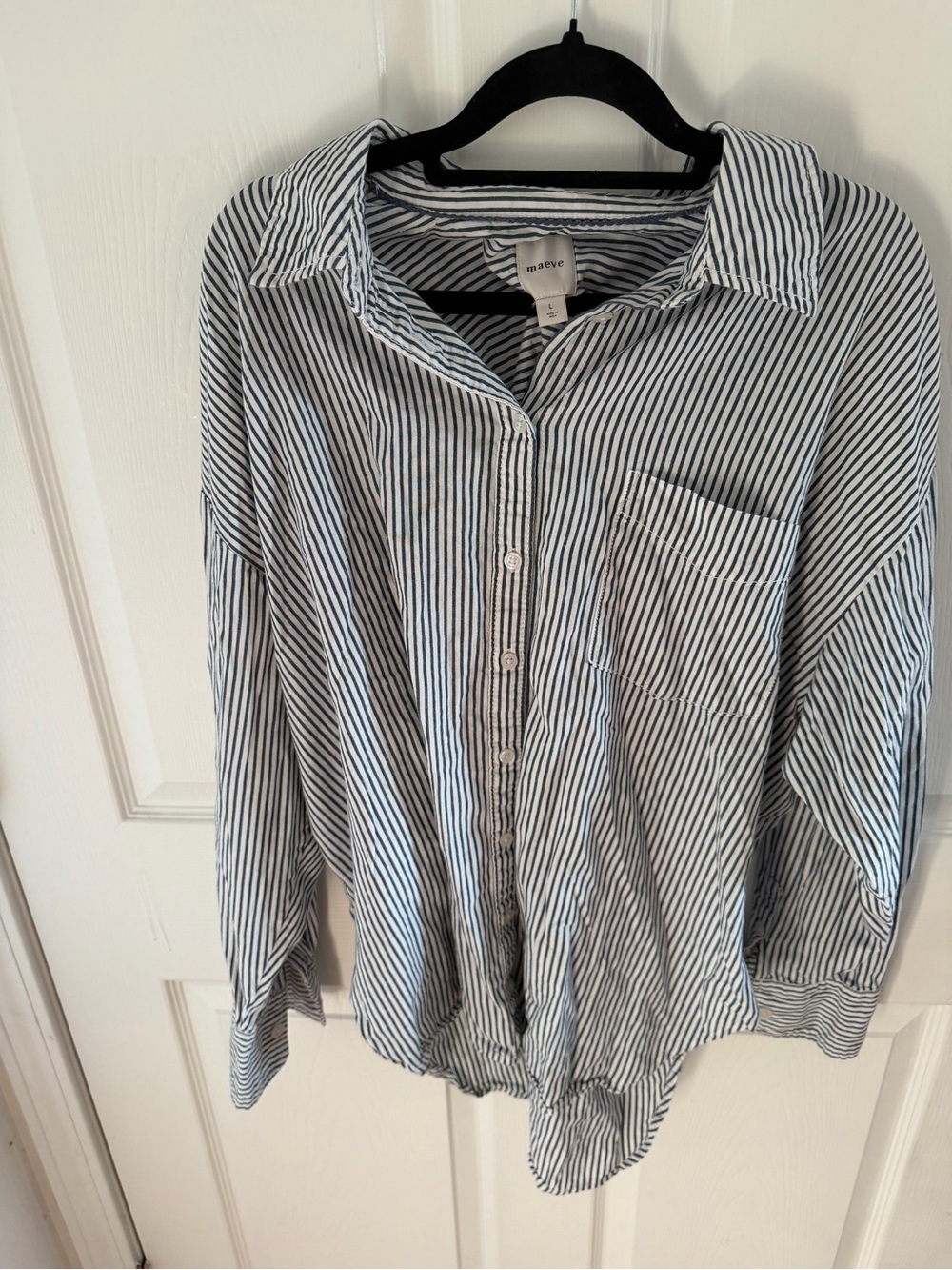 Maeve Navy and White Vertical Stripe Men's Button-Down Shirt